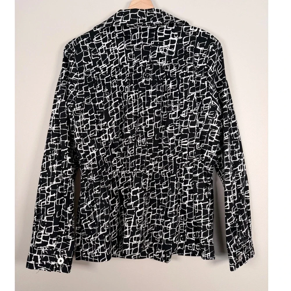 Laura Ashley Womens Black White Geometric‎ Print Button Front Jacket Blazer Sz L